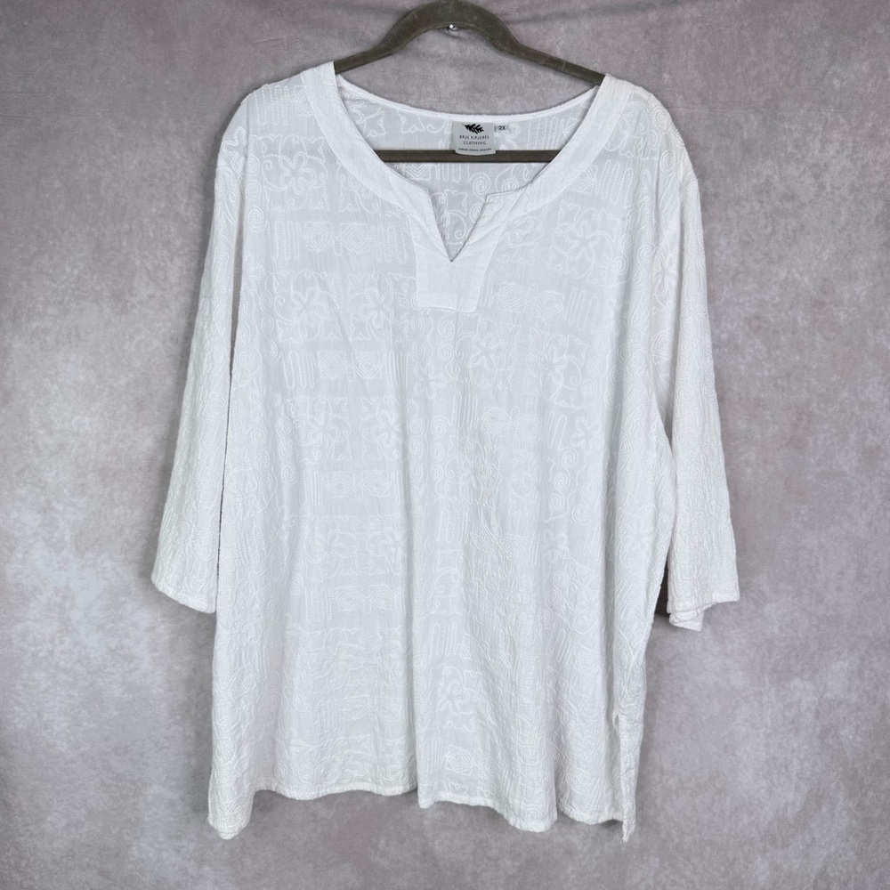 Brie Kriebel Artsy 3/4 Sleeve Embroidered Lagenlook Blouse In White Size 2X